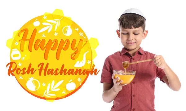 Pozdrowienia Dla Rosz Hashanah Żydowski Nowy Rok Małym Chłopcem Słodkim — Zdjęcie stockowe