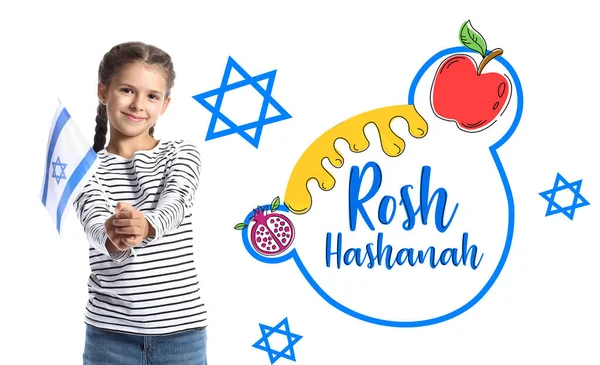 Tarjeta Felicitación Para Rosh Hashaná Año Nuevo Judío Con Niña — Foto de Stock