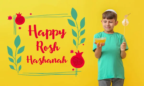 Greeting Card Rosh Hashanah Jewish New Year Little Boy Sweet — Stock Photo, Image