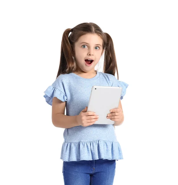 Surprised Little Girl Tablet Computer White Background — Stock Photo, Image