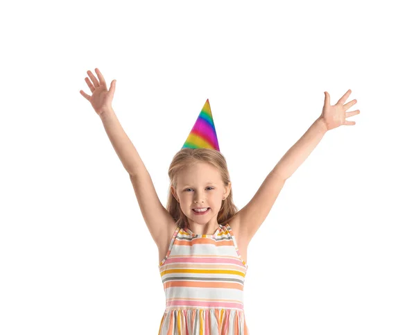 Beyaz Arka Planda Parti Şapkalı Mutlu Küçük Kız — Stok fotoğraf