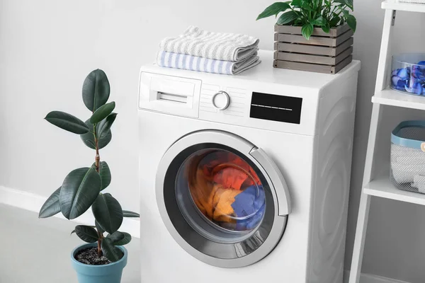 Modern Washing Machine Laundry Houseplants Light Wall — Stock Photo, Image