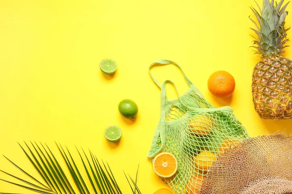 String Bag Fruits Hat Color Background — Stock Photo, Image