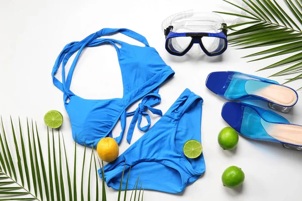Composition Stylish Swimsuit Shoes Snorkeling Mask White Background — Stock Photo, Image