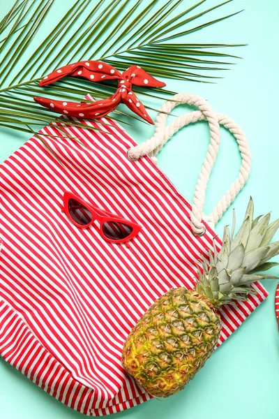 Stylish Sunglasses Bag Headband Pineapple Color Background Closeup — Stock Photo, Image