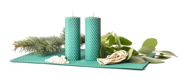 Composition Handmade Wax Candles White Background — Stock Photo, Image