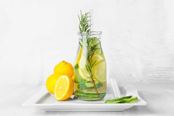 Bottle Cucumber Lemonade Lemons Light Background — Stock Photo, Image