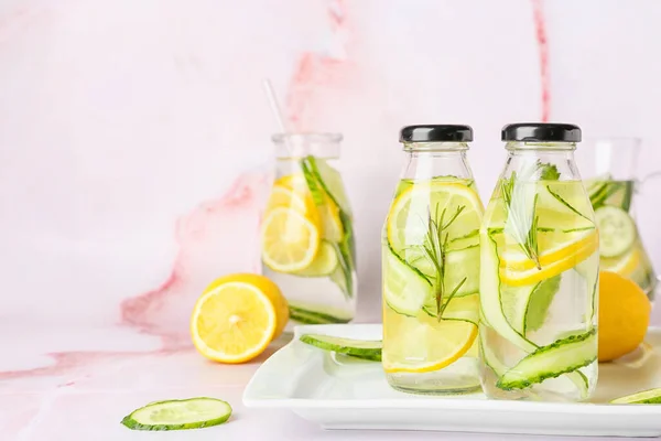 Bottles Cucumber Lemonade Light Background — Stock Photo, Image