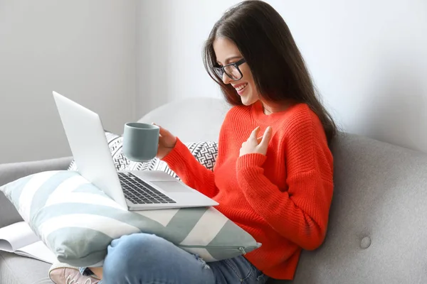 Young Woman Video Chatting Home — Stock Photo, Image