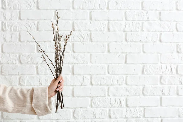 Woman Holding Willow Branches Brick Wall — Stock Photo, Image