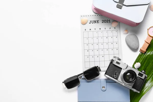 Calendar Photo Camera Female Accessories White Background — Stock Photo, Image