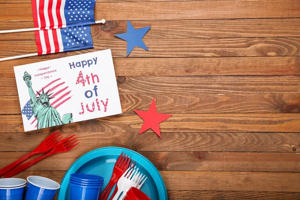 Greeting Card Independence Day Tableware American Flags Wooden Background — Stock Photo, Image