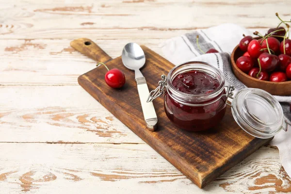 Jar Tasty Cherry Jam Wooden Background — Stock Photo, Image