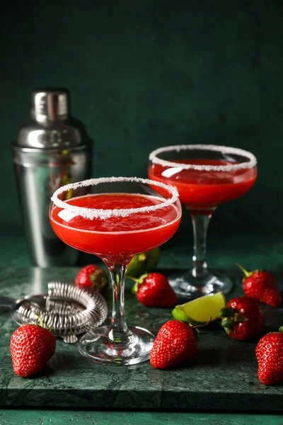 Glasses Strawberry Daiquiri Cocktail Berries Shaker Strainer Color Background — Fotografia de Stock