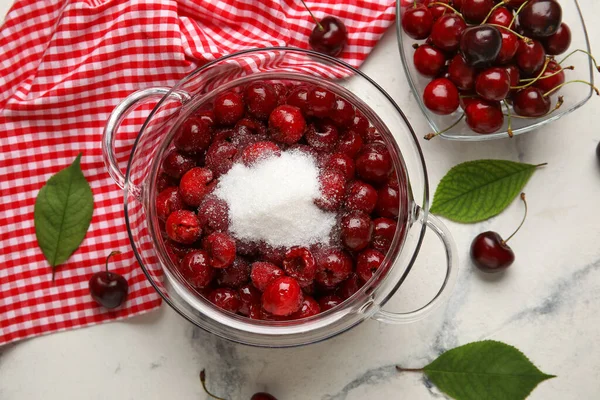 Glass Pot Sweet Cherry Sugar Light Background — Stock Photo, Image