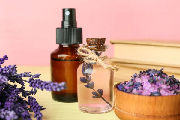 Composition Bottles Lavender Essential Oil Sea Salt Flowers Color Wooden — Stockfoto