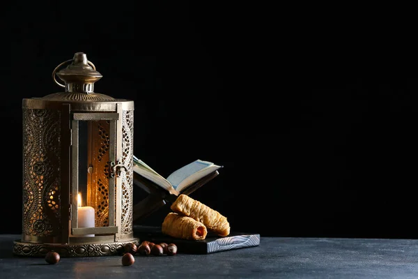 Muslim Lantern Quran Turkish Sweets Dark Background — Stock Photo, Image