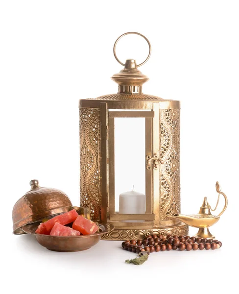 Muslim Lantern Aladdin Lamp Tasbih Turkish Sweets White Background — Stock Photo, Image