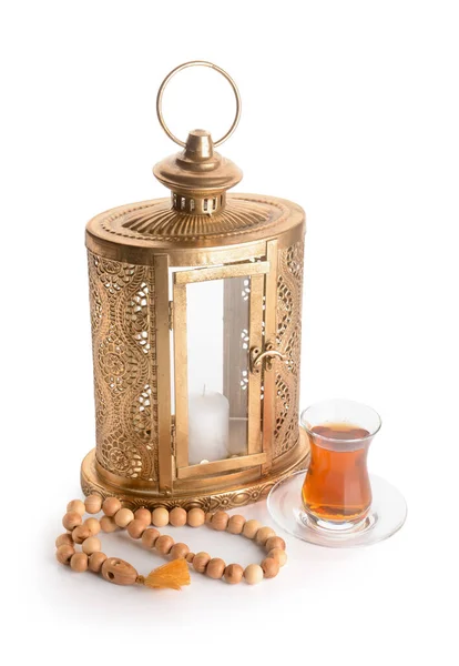 Muslim Lantern Tasbih Turkish Tea White Background — Stock Photo, Image