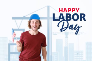 ABD bayrağı taşıyan genç işçilerle İşçi Bayramı için tebrik kartı.