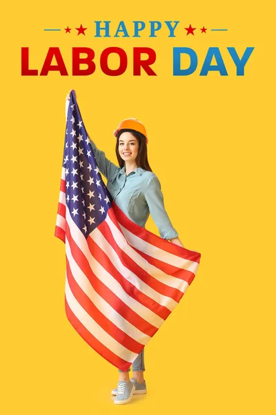 アメリカ国旗を掲揚する若手労働者との幸せな労働の日の挨拶カード — ストック写真
