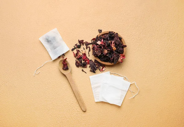 Tea Bags Bowl Dry Leaves Color Background — Stock Photo, Image