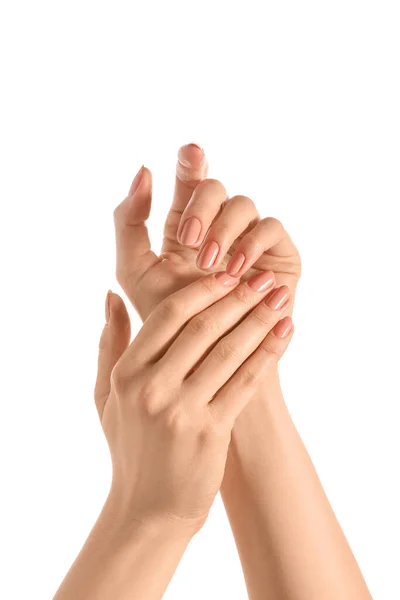 Manos Femeninas Con Hermosa Manicura Sobre Fondo Blanco Primer Plano — Foto de Stock