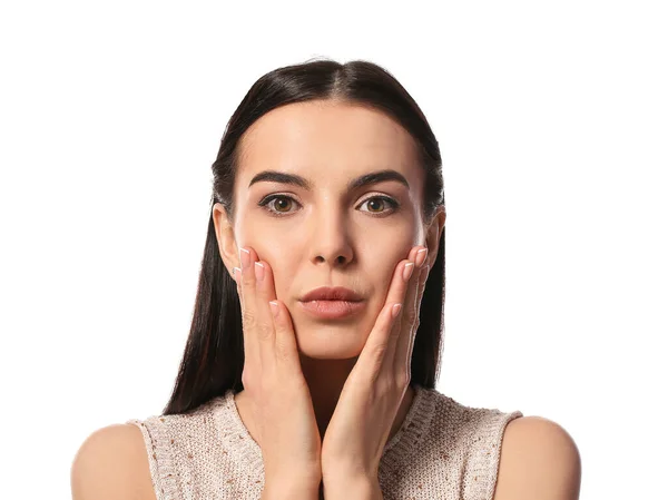 Jonge Vrouw Doen Gezicht Gebouw Oefening Tegen Witte Achtergrond — Stockfoto