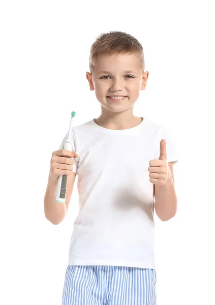 Menino Com Escova Dentes Mostrando Polegar Para Cima Fundo Branco — Fotografia de Stock