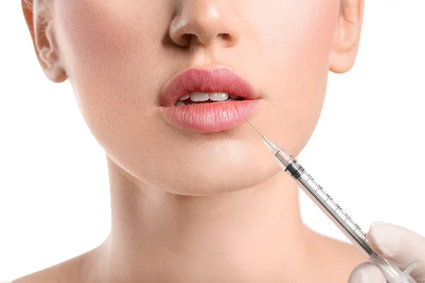 Jeune Femme Recevant Une Injection Charge Dans Les Lèvres Sur — Photo