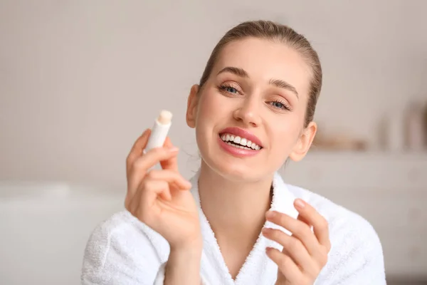 Beautiful Young Woman Lip Balm Home — Stock Photo, Image