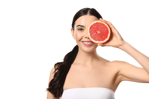 Beautiful Young Woman Grapefruit White Background — Stock Photo, Image