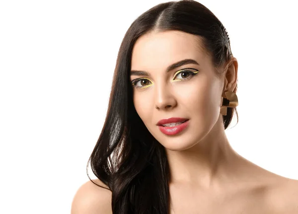 Beautiful Young Woman Stylish Makeup White Background — Stock Photo, Image