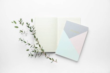 Beyaz arkaplanda okaliptüs dalları olan defter