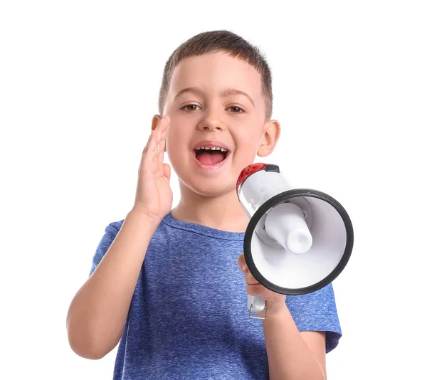 Megafon Eğitimi Almış Küçük Bir Çocuk Beyaz Arka Planda Harfleri — Stok fotoğraf