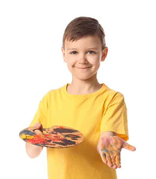 Cute Little Boy Paint Palette White Background — Stock Photo, Image