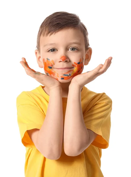 Menino Bonito Com Pintura Rosto Contra Fundo Branco — Fotografia de Stock