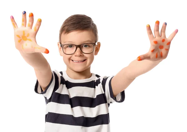 Menino Bonito Com Mãos Tinta Sobre Fundo Branco — Fotografia de Stock