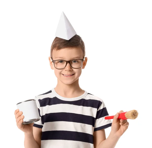 Cute Little Boy Paint Can Brush White Background — Stock Photo, Image