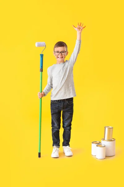 Cute Little Boy Paint Roller Color Background — Stock Photo, Image