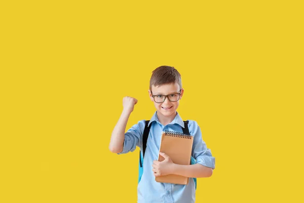 Kleiner Schuljunge Mit Notizbüchern Auf Farbigem Hintergrund — Stockfoto