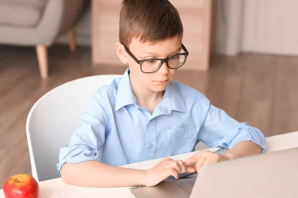 Little Schoolboy Studying Online Home — Stock Photo, Image