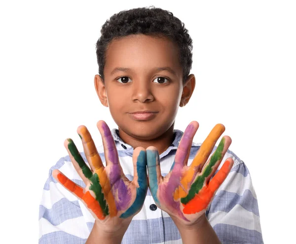 Little African American Boy Hands Paint White Background — Stock Photo, Image