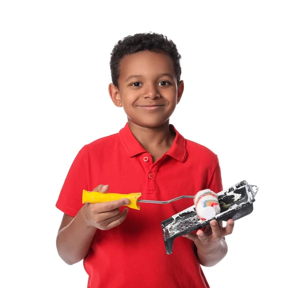 Little African American Boy Paint Roller White Background — Stock Photo, Image