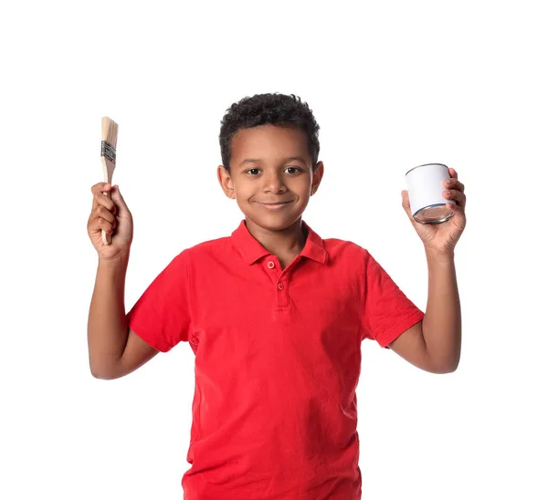 Little African American Boy Paint Can Brush White Background — Stock Photo, Image