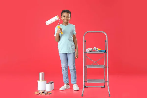 Little African American Boy Paint Roller Color Background — Stock Photo, Image