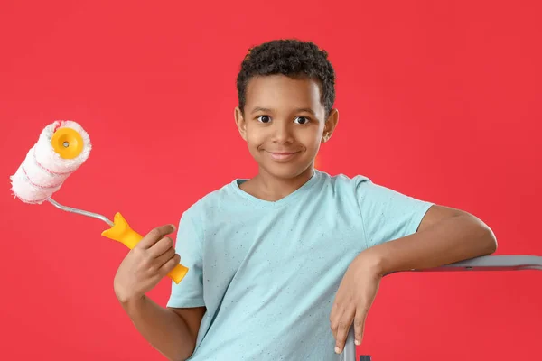 Little African American Boy Paint Roller Color Background — Stock Photo, Image