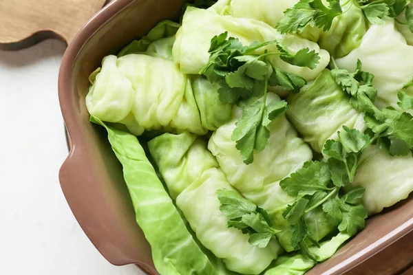 Baking Dish Uncooked Cabbage Rolls Parsley Light Background Closeup — Stock Photo, Image