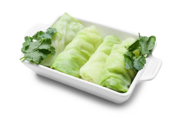 Baking Dish Uncooked Cabbage Rolls Parsley White Background — Stock Photo, Image