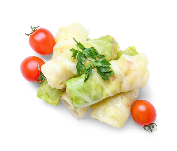 Uncooked Cabbage Rolls Tomatoes White Background — Stock Photo, Image